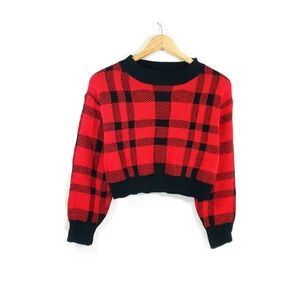 Red Black Buffalo Plaid Cropped Sweater Cabincore Holiday Outfit
